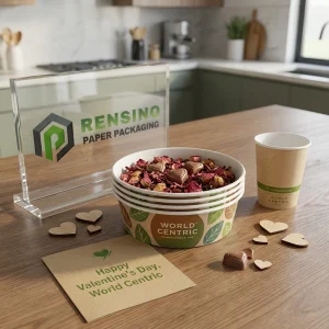 Kraft and Green Printed Paper Bowl with Leaf Pattern and “WORLD CENTRIC” Text for Food Packaging, Custom Design Available