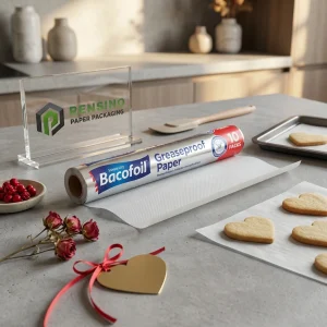 Papel impermeável impresso em branco e azul com texto “Bacofoil”, adequado para embalagem de alimentos, design personalizado disponível