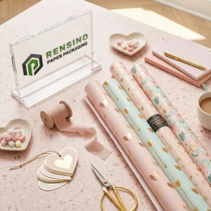 Bedruckte Pastellgeschenkpapierrollen mit goldenen Herzen und floralen Mustern für Geschenkverpackungen, benutzerdefiniertes Design verfügbar