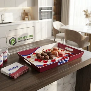 Vassoio per cibo in carta usa e getta rosso stampato con testo pesante e motivo a nastro e petali di rosa, adatto per confezioni di cibo o regalo, servizio OEM/ODM disponibile