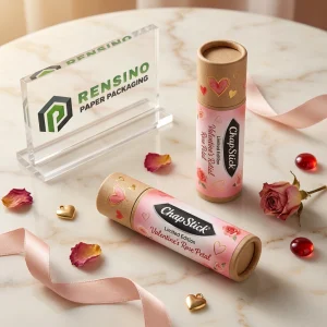 Tubo per balsamo labbra in carta rosa e kraft con motivi a cuore e rosa, adatto per uso cosmetico o regalo, stampa logo personalizzata disponibile