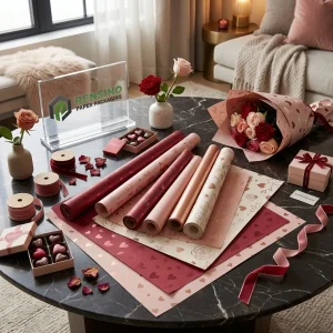 Carta da imballaggio floreale rosa e rossa con motivo a cuore, adatta per imballaggio di fiori o regali, servizio OEM/ODM disponibile