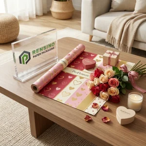 Carta da imballaggio floreale rosa e rossa con motivo a cuore e decorazione floreale, adatta per imballaggio di fiori o regali, servizio OEM/ODM disponibile