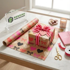 Carta da regalo con motivo a cuore rosa e nero con nastro e logo stampato, adatta per regalo, al dettaglio o imballaggio alimentare, servizio OEM/ODM disponibile