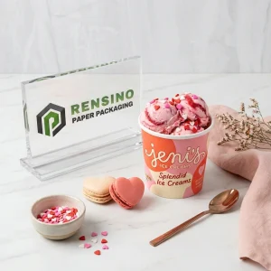Orange and Pink Paper Ice Cream Cup with Printed Text and Heart Pattern, Suitable for Food Packaging, Custom Design Available