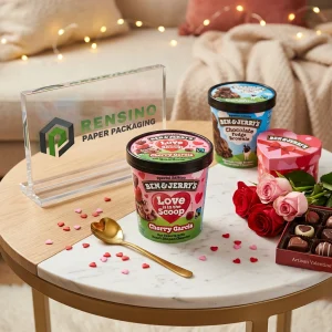 Scatola di Imballaggio in Carta Stampata con Immagini di Gelato al Ciliegia e Brownie al Cioccolato, Adatta per Imballaggio Alimentare, Stampa Logo Personalizzata Disponibile