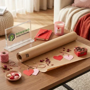Rotolo di Carta Regalo Kraft con Etichette a Forma di Cuore ed Elementi Decorativi, Adatto per Imballaggio di Regali, Vendita al Dettaglio o Alimentari, Design Personalizzato Disponibile