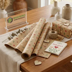 Papel Kraft para Embalagem de Presente com Padrão de Coração de Dia dos Namorados com Texto Impresso de Dia dos Namorados e Design Floral, Adequado para Embalagem de Presente, Varejo ou Decorativa, Design Personalizado Disponível