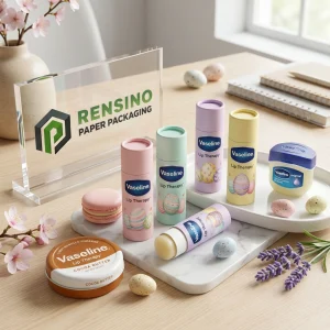 Tubo di balsamo labbra di carta color pastello con motivo di uovo di Pasqua, adatto per uso cosmetico o regalo, design personalizzato disponibile