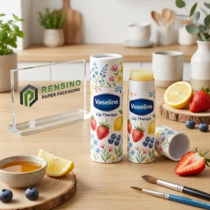 Tubo de bálsamo labial de papel con patrón floral impreso y texto impreso, adecuado para uso cosmético, impresión de logo personalizada disponible