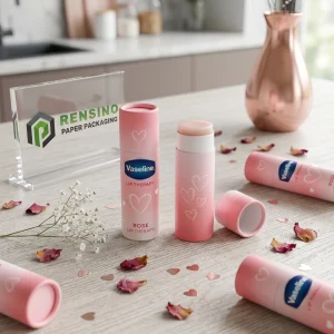 Tubo di balsamo labbra in carta rosa con motivo a cuore stampato, adatto per uso cosmetico o regalo, design personalizzato disponibile