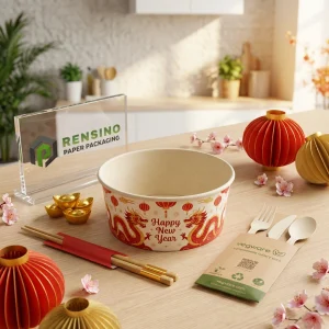 Bol en papier imprimé avec motif de dragon rouge et or et texte “Bonne Année” pour l'emballage alimentaire, design personnalisé disponible
