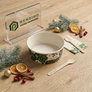Green and Beige Printed Paper Bowl with Holiday Pattern for Food Packaging, Custom Design Available