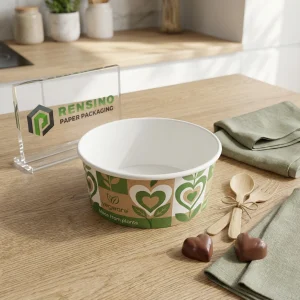Kraft and White Printed Paper Bowl with Green Heart Pattern for Food Packaging, Custom Design Available