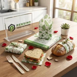 Carta da imballaggio per alimenti stampata con foglie verdi con set di sacchetti di carta, adatta per imballaggi alimentari o al dettaglio, design personalizzato disponibile