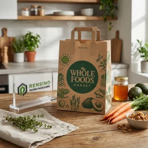 Kraftpapier-Einkaufstasche mit grüner Lebensmittelillustration, benutzerdefinierter Logo-Druck verfügbar