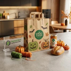 Sacchetti di carta per alimenti usa e getta in kraft con motivo di zucca di Halloween e pipistrello, stampa del logo personalizzato disponibile