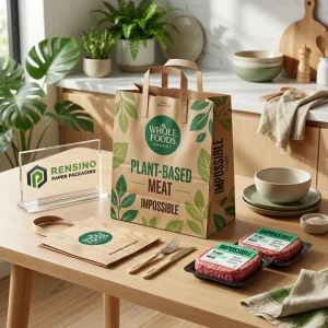 Kraftpapier-Einkaufstasche mit grünem Blattdruck, individueller Logo-Druck verfügbar
