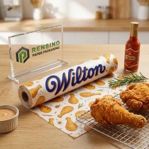 Rouleau de papier ciré imprimé avec une marque claire et un motif sur le thème de la nourriture, adapté pour un usage cadeau, alimentaire ou de vente au détail, service OEM/ODM disponible
