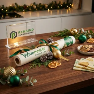 Grünes und Kraft bedrucktes fettdichtes Papier mit dem Text “Wrapmaster”, geeignet für Lebensmittelverpackungen, individuelles Design verfügbar