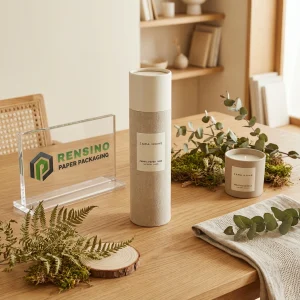 Beige und natürliche Leinenstoff-Papierrohrverpackung mit bedrucktem “ZARA HOME”-Text, geeignet für Stoffverpackungen, maßgeschneiderte Designs verfügbar