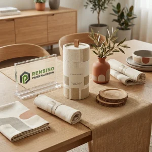 Tubo de papel de tela de color natural con texto impreso “ZARA HOME” y patrón abstracto, adecuado para embalaje de tela o venta al por menor, diseño personalizado disponible