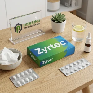صندوق ورقي أزرق وأخضر مع نص مطبوع Zyrtec ونمط تجريدي، مناسب لتغليف الأدوية أو الهدايا، خدمة OEM/ODM متاحة