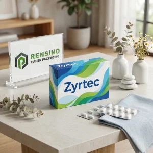 صندوق تعبئة ورقي أزرق وأخضر مع نص “Zyrtec” المطبوعة ونمط موجة تجريدي، مناسب لتعبئة الأدوية، متاح طباعة شعار مخصص