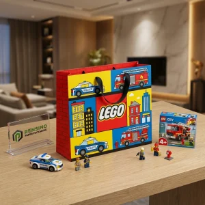 Sacchetto di carta colorato LEGO con illustrazioni di camion dei pompieri e auto della polizia per confezioni regalo o giocattoli, stampa logo personalizzata disponibile
