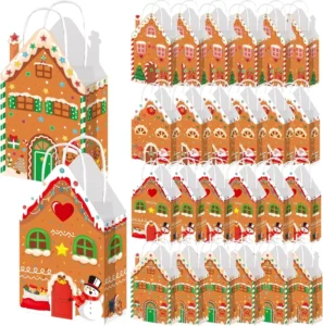 12-Piece Christmas Gingerbread House Candy Treat Paper Gift Bags with Handles