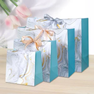 4-Piece Blue Marble Paper Candy Gift Bags with Handles and Bows