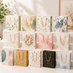 Art Print Gift Bags Thick Paper Shopping Bag with Rope Handle Floral Marble Design for Wedding Party Birthday