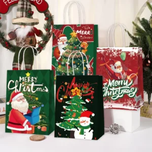 Biodegradable White Kraft Paper Square-Bottom Gift Bag With Color Printing for Holiday Party Gifts