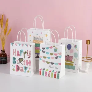 Birthday Candy Kraft Paper Bags with Handles for Baby Showers with Cartoon Balloon and Cake Pattern