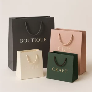 Black Coated Paper Shopping Bag with Ribbon Handles, Custom Logo, Hot Foil Embossing, for Fashion Apparel