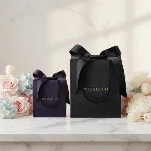 Black Jewelry Gift Bags, Gold Stamped Logo, Gemstone Ring Packaging, Ribbon