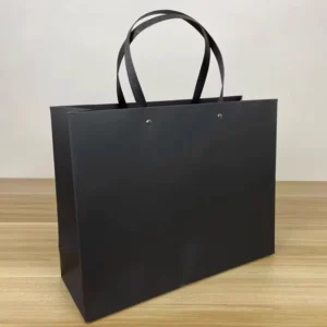 Black Matte Paper Tote Bag with Metal Rivet-Reinforced Handles, Reusable Gift Bag with Custom Logo