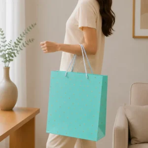 Blue Gift Bag with Gold Dot Foil Pattern and Twisted Rope Handle for Jewelry and Wedding Favors
