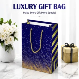 Blue Gold Printed Paper Gift Bag with Rope Handle for Wedding, Party, and Jewelry