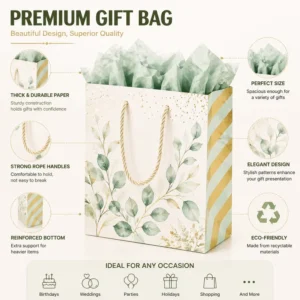 Botanical Leaf Gift Bag Gold Foil Stripe Paper Shopping Bag with Rope Handle for Wedding Birthday Party