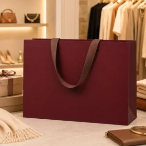 Burgundy Paper Gift Bags With Ribbon Handles For Boutique Apparel, Retail Shopping, And Seasonal Gifts