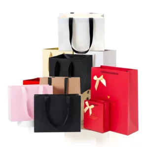 Cardboard Paper Bag Satin Bow Handle Recyclable Kraft Shopping Bag Custom Logo for Jewelry Wedding Birthday Party Gift Packing