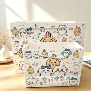Cartoon White Recycled Cardboard Paper Gift Bag with Custom Logo and Long Handles