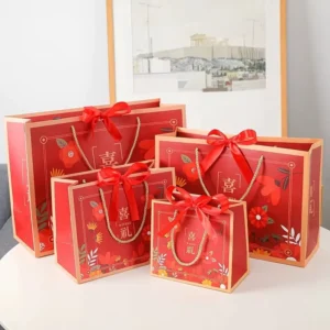 Chinese Red Floral Gift Paper Bags with Offset Printing, Custom Sizes for Wedding Favors, Biodegradable and Recyclable
