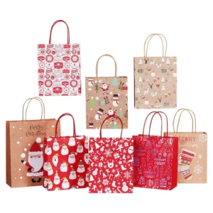 Christmas Custom Printed Recycled Brown Kraft Paper Gift Bag with Christmas Tree Design