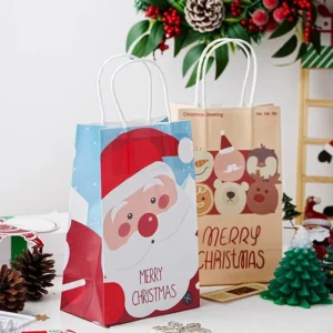 Christmas Kraft Paper Tote Bag with Flexiloop Handle Recyclable Cartoon Design