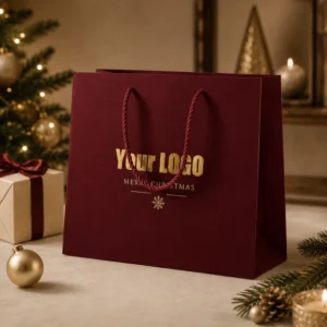 Christmas Paper Gift Bag with Cotton Ribbon Handle, Gold Foil Merry Christmas Lettering, Matte Finish