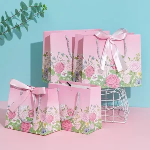 Commercial Reusable Paper Gift Bags with Flower Print and Ribbon Handles for Clothing, Cosmetics, Weddings and Boutiques