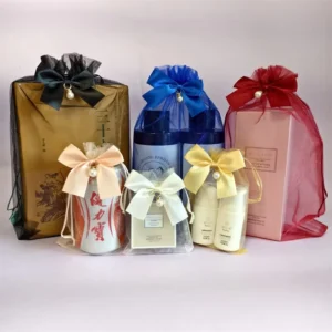 Cosmetic Drawstring Organza Pouch with Ribbon Bow and Pearl for Jewelry Gift Packaging