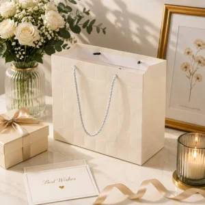 Cream White Textured Paper Gift Bag with Twisted Rope Handle for Wedding and Business Gifting